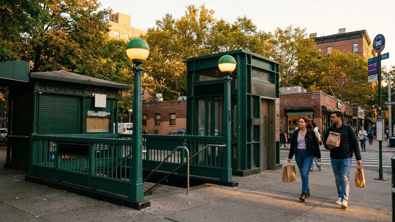 Evening street scene near a West Village corner with pedestrians passing a subway entrance