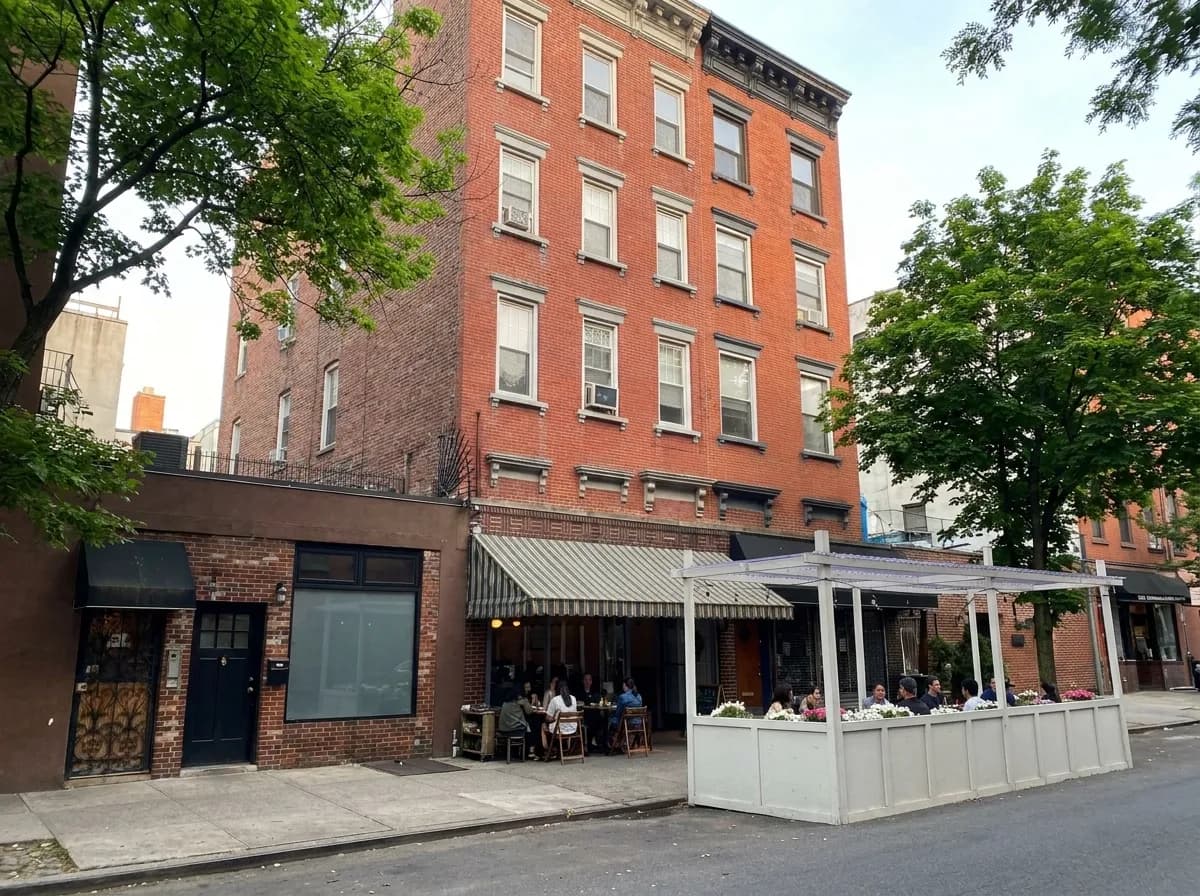 Wide view of a leafy Carroll Gardens street with diners outside a small pizzeria under a striped awning