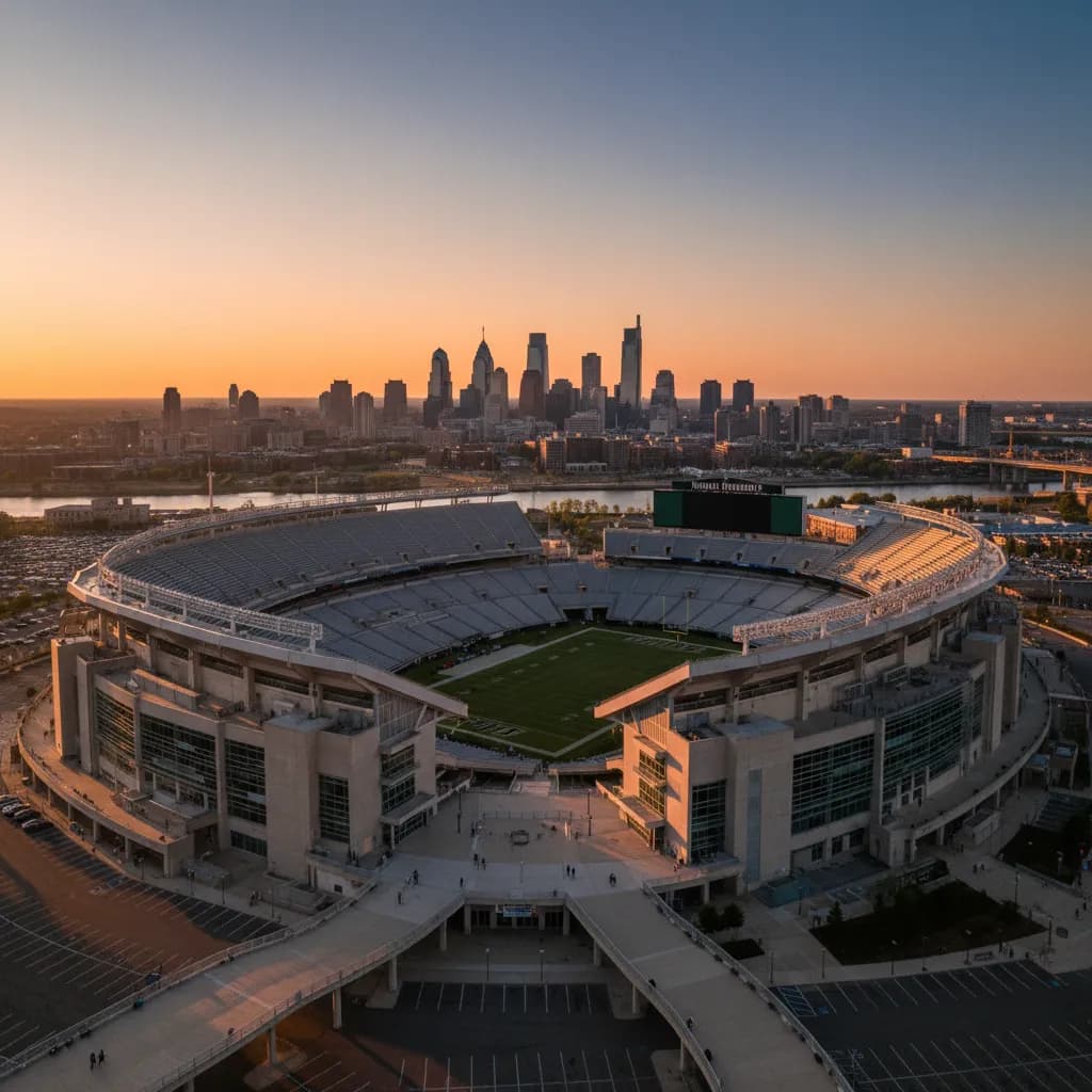 Lincoln Financial Field in Philadelphia at sunset with the city skyline behind