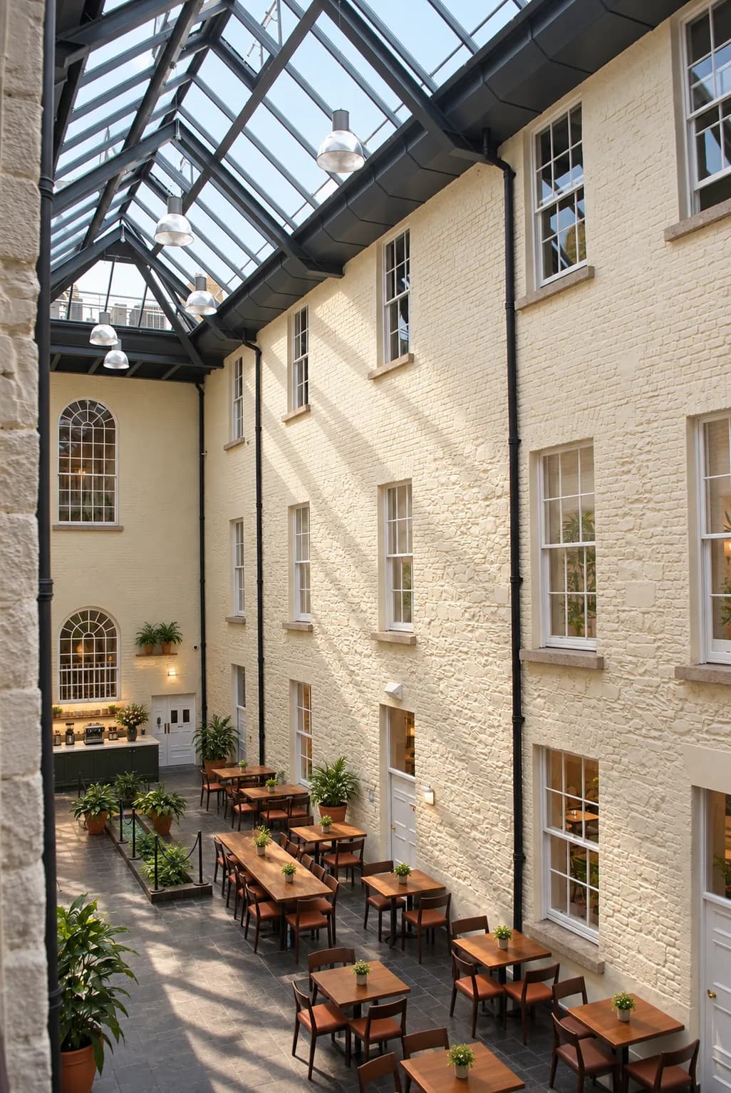 Large café interior lit from a broad overhead skylight with long communal timber tables, abundant potted greenery and exposed brick