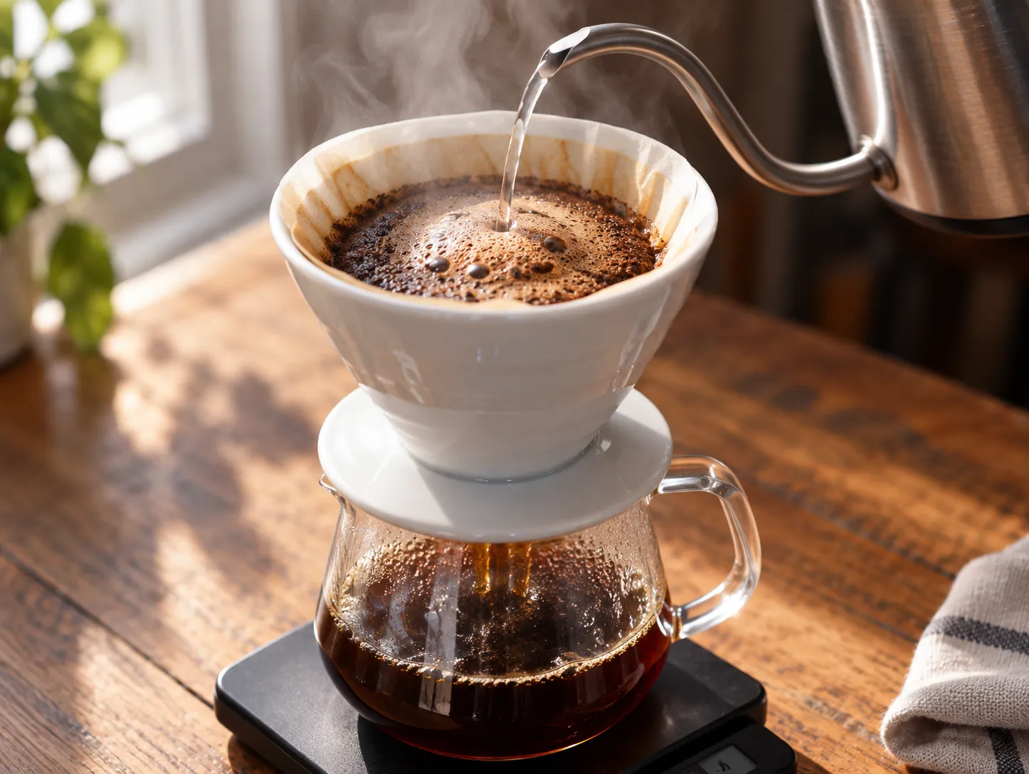 Pour-over brew in progress with a ceramic cone on a glass server, a gooseneck kettle pouring a thin stream and bloom rising in the coffee bed