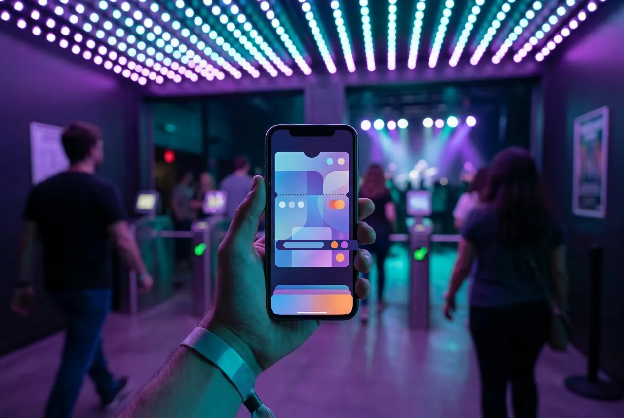 Live music venue entry scene with a phone showing abstract gig ticket UI and blurred stage lights