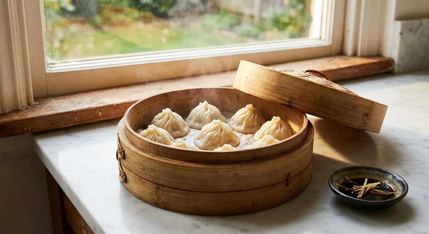 A bamboo steamer of delicate pleated xiao long bao on a marble counter