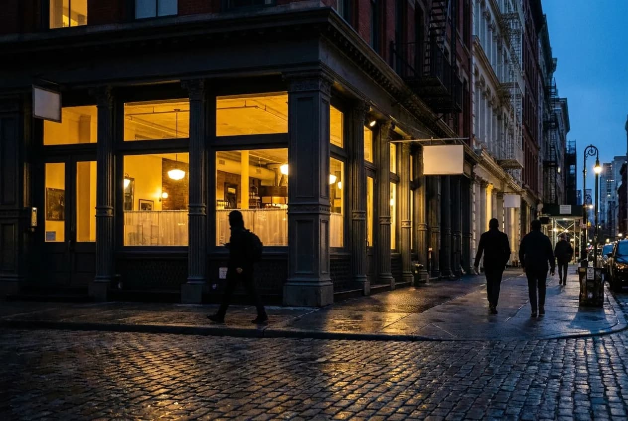 A SoHo restaurant exterior at twilight with warm light glowing through large windows onto a cobblestone street.