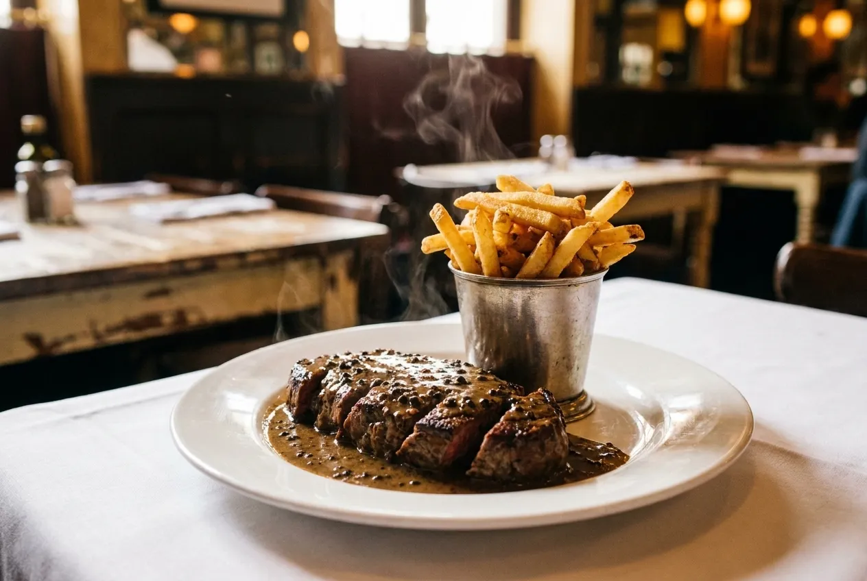 A plate of steak au poivre with peppercorn sauce and a silver cup of pommes frites on a white tablecloth.