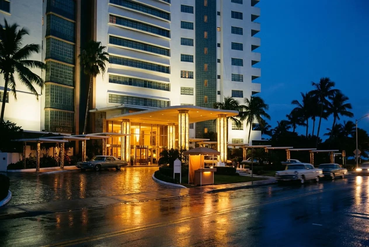Illuminated luxury hotel entrance on Collins Avenue in Miami Beach at night with palm trees and warm lighting