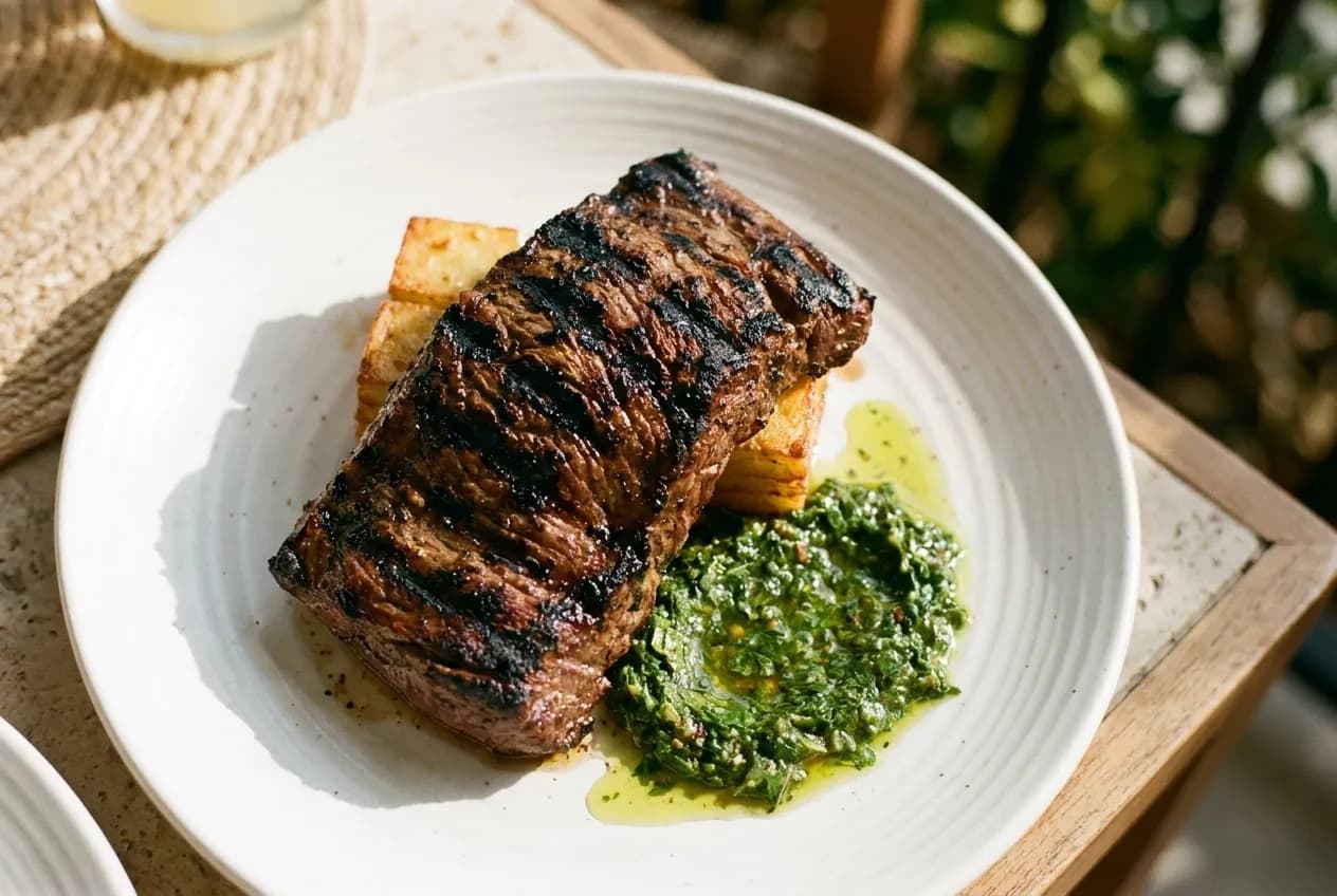 Overhead view of wood-fired steak with chimichurri sauce and potatoes on white plate