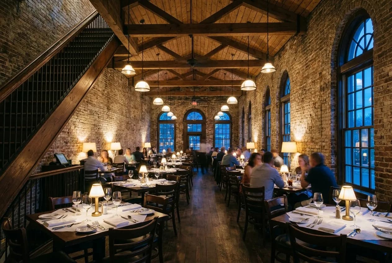 A tall brick and timber restaurant dining room at dusk with set tables under low pendant lights and blue light in the windows