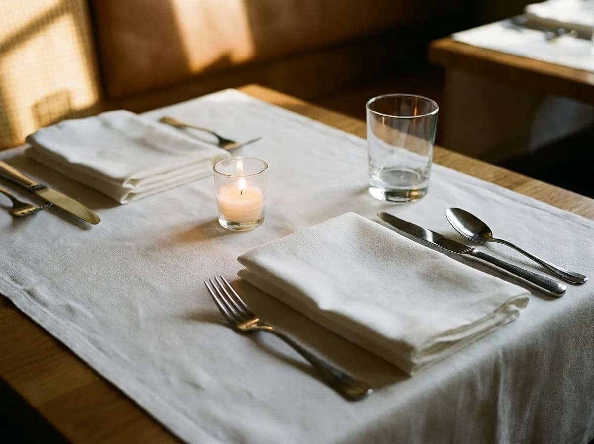 A set dinner table with white linen, folded napkins and a single low candle in warm restaurant light