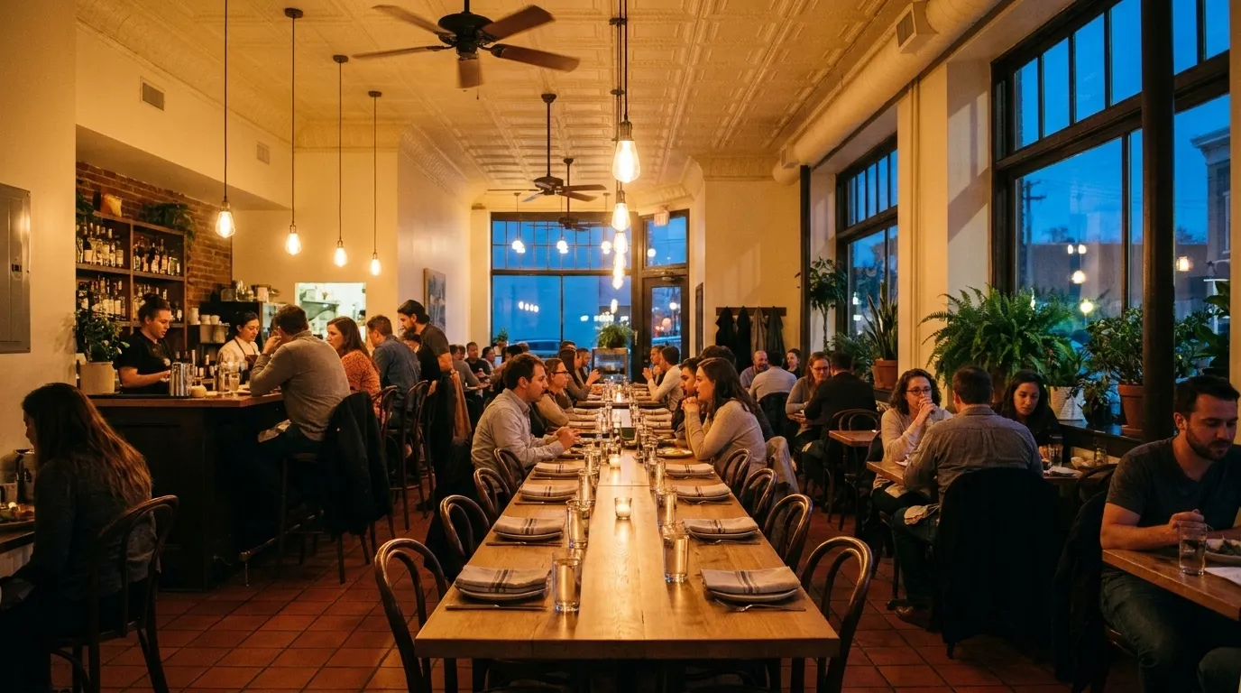 A warm restaurant dining room in the early evening with a long set table, water glasses and low pendant lighting