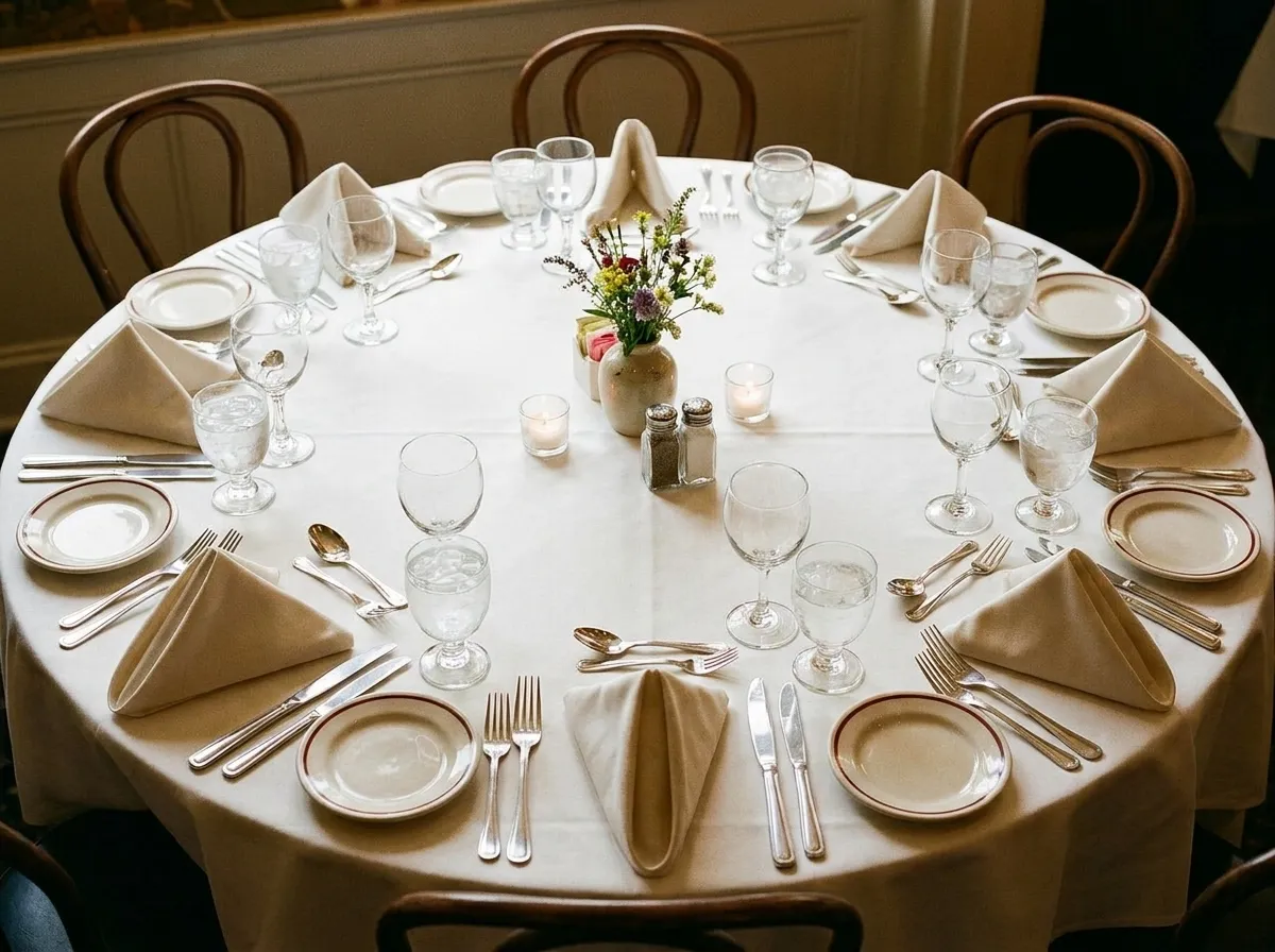 A set dining table for six with water glasses, folded napkins and warm overhead light in a busy restaurant