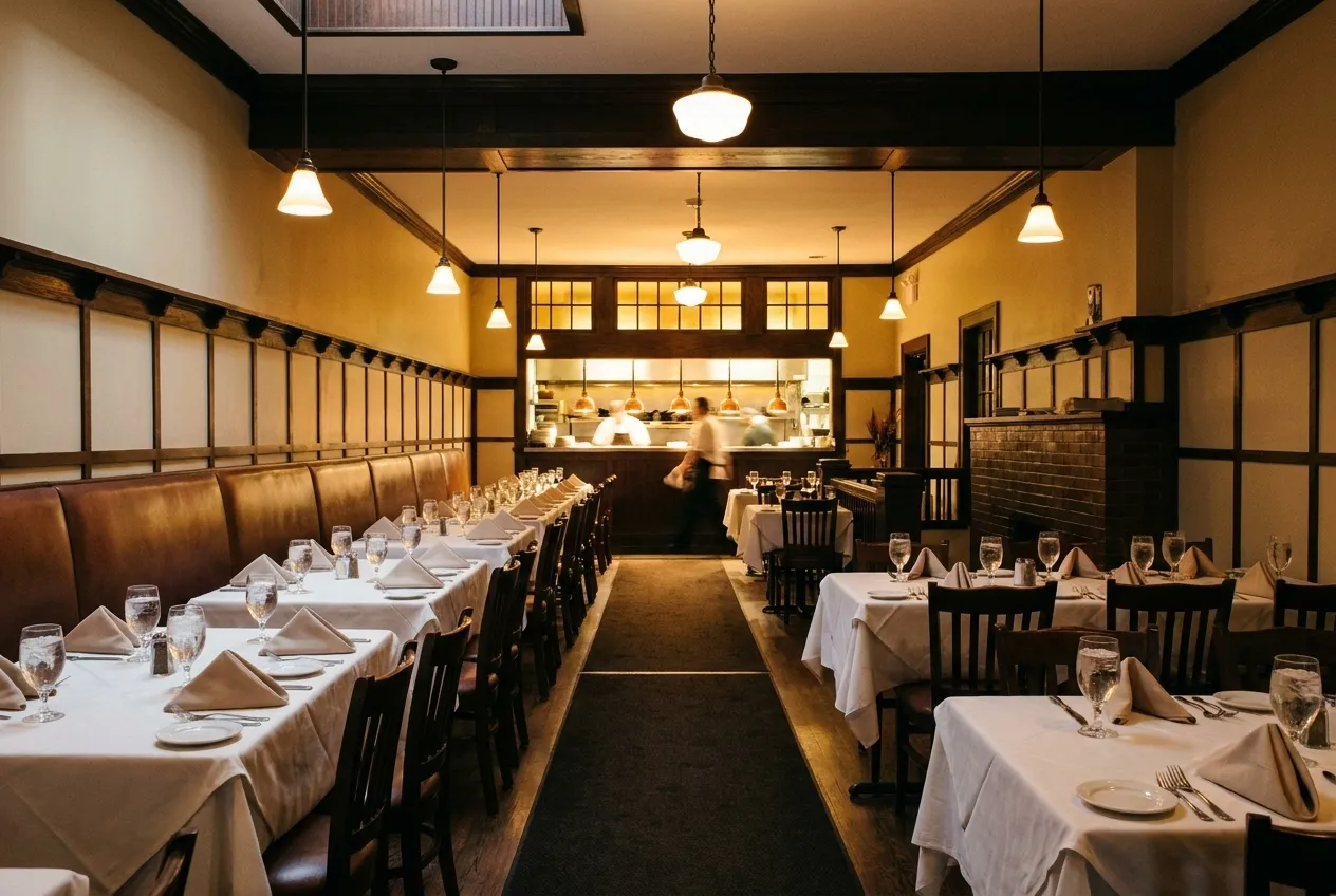 A warm restaurant dining room set for service with linen, glassware and a glowing kitchen pass at the far end