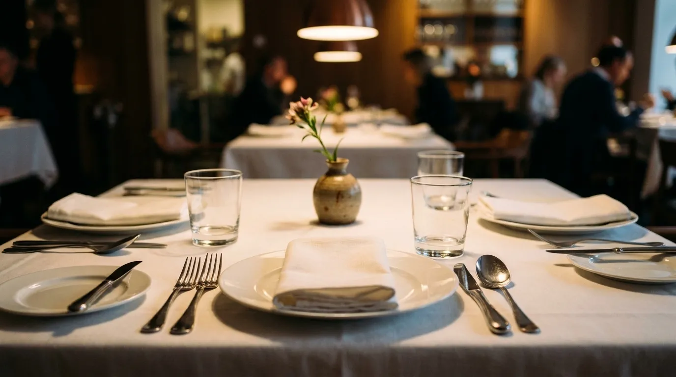 A set dining table with linen, water glasses and a small vase in a warmly lit restaurant room
