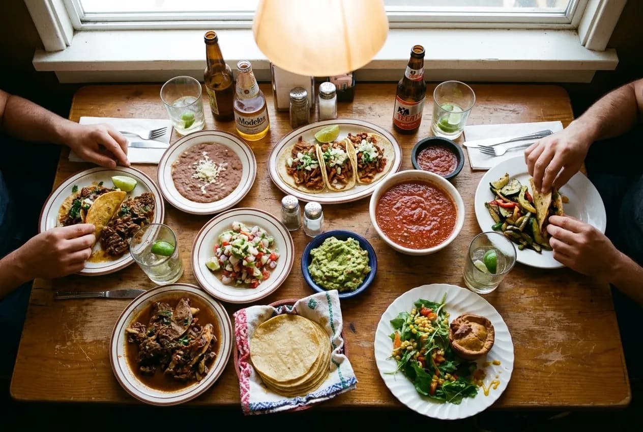 A crowded table of shared plates at a casual Los Angeles restaurant