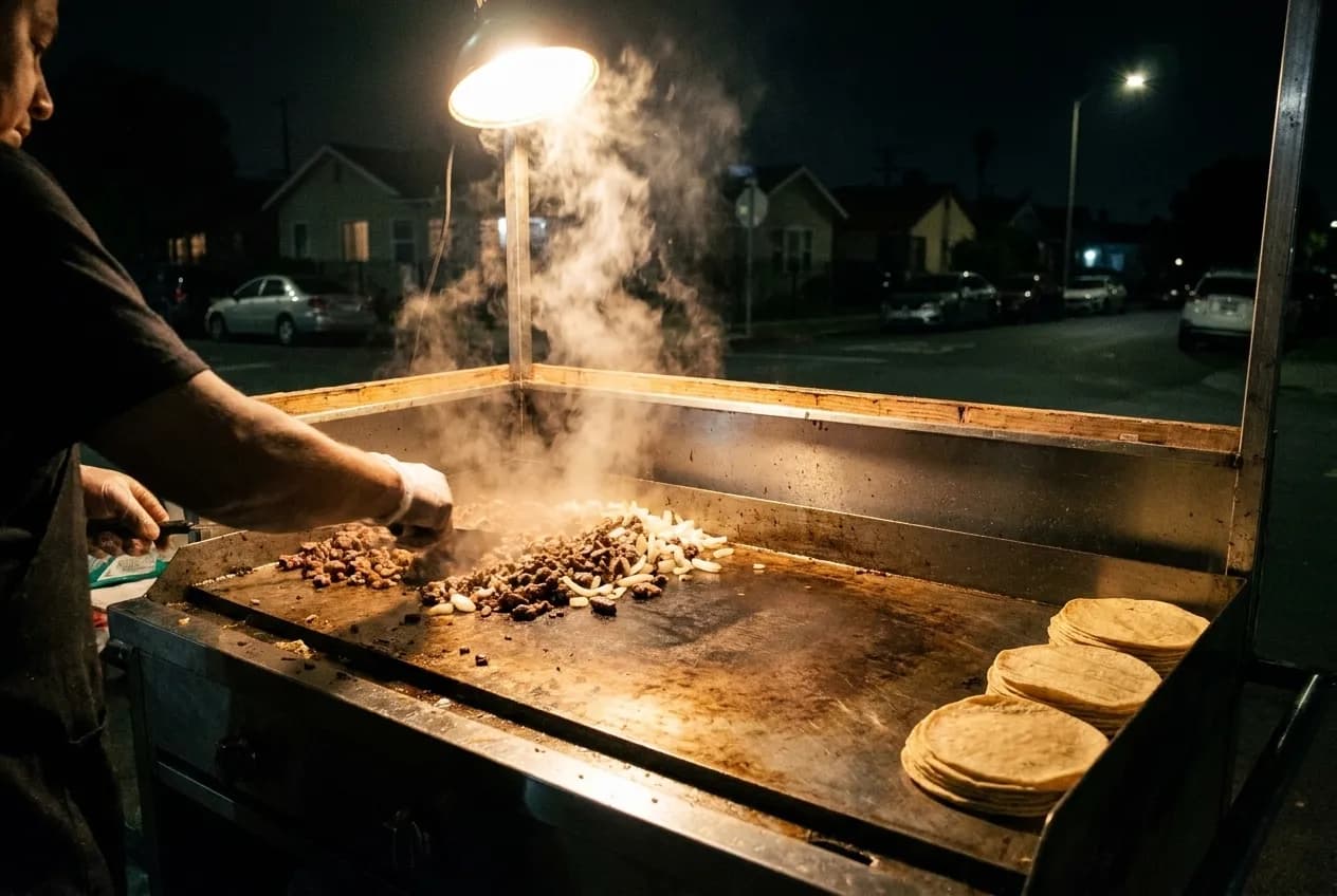 A griddle loaded with meat and onions at a nighttime taco stand