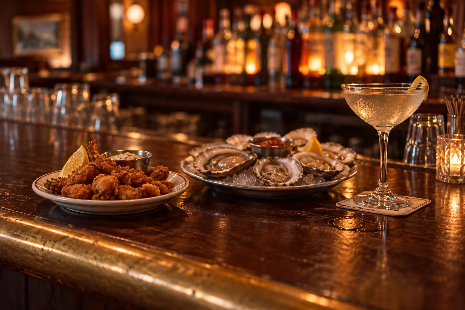 A dark polished bar top with a small fried plate, a plate of raw shellfish and a stemmed cocktail, bottles glowing out of focus behind