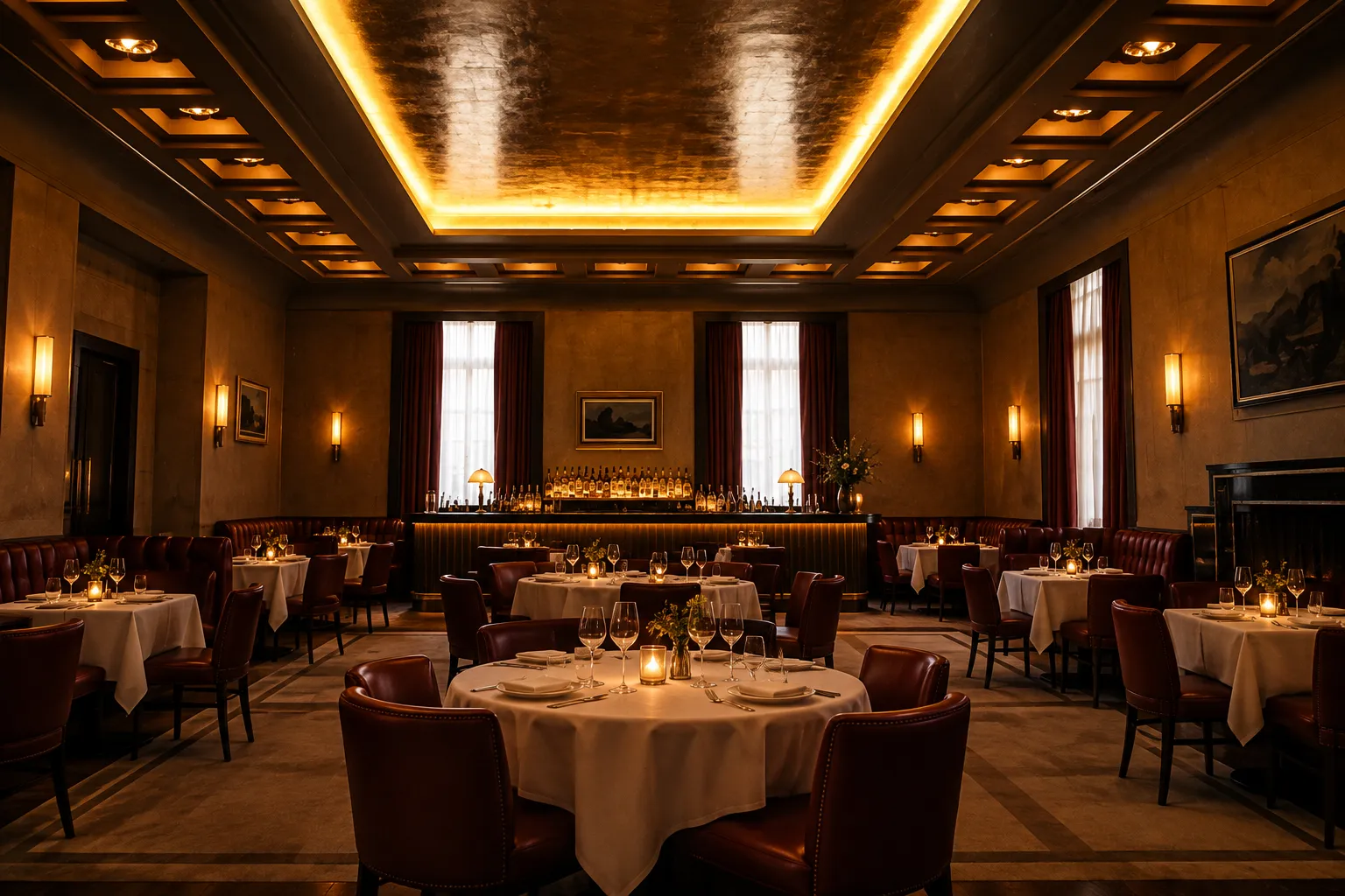 A very large art deco dining room before service with perimeter banquettes, laid tables, a long bar and warm sconce light up the walls