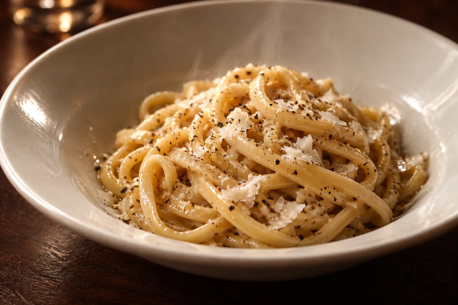 A nest of thick square-cut pasta twisted into a wide shallow bowl, coated in a glossy pale cheese emulsion with coarse cracked pepper