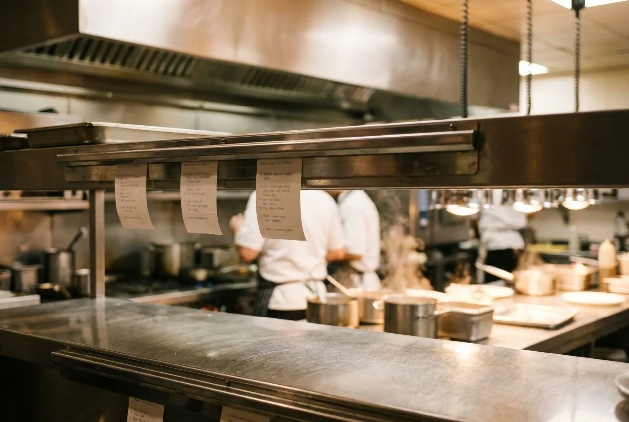 Restaurant kitchen pass with order tickets during late night service