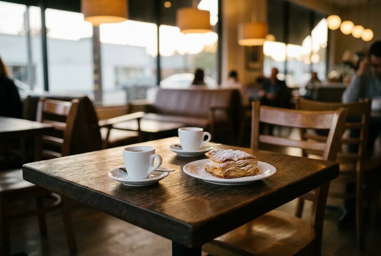 Espresso and pastry on a cafe table in Los Angeles at night