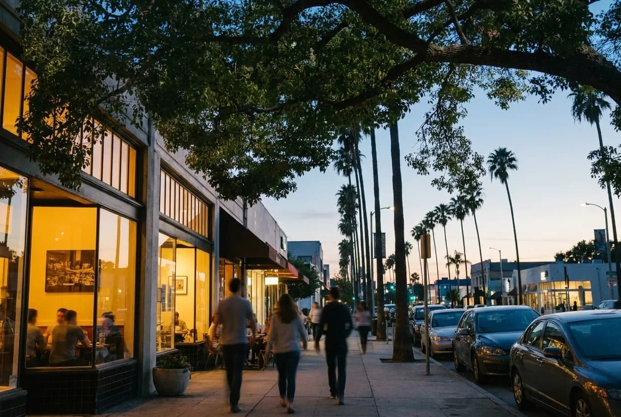Evening street scene in a Los Angeles dining neighborhood