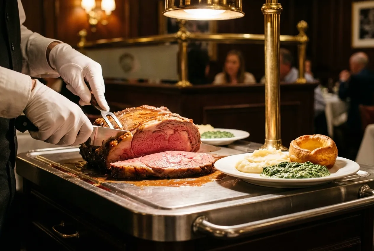 Prime rib being carved from a stainless steel cart with sides on a white plate in warm restaurant lighting.