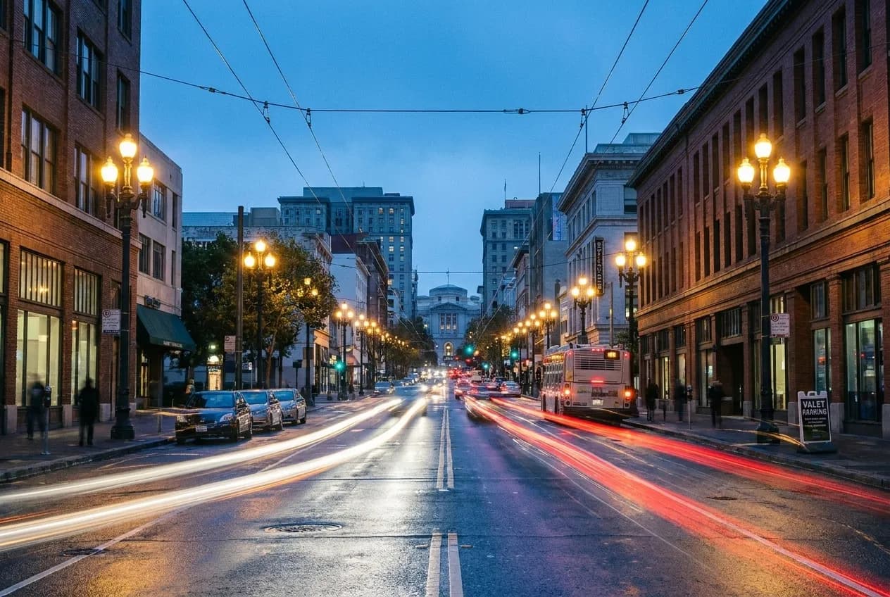 Van Ness Avenue in San Francisco at dusk with streetlights and traffic along the wide corridor.