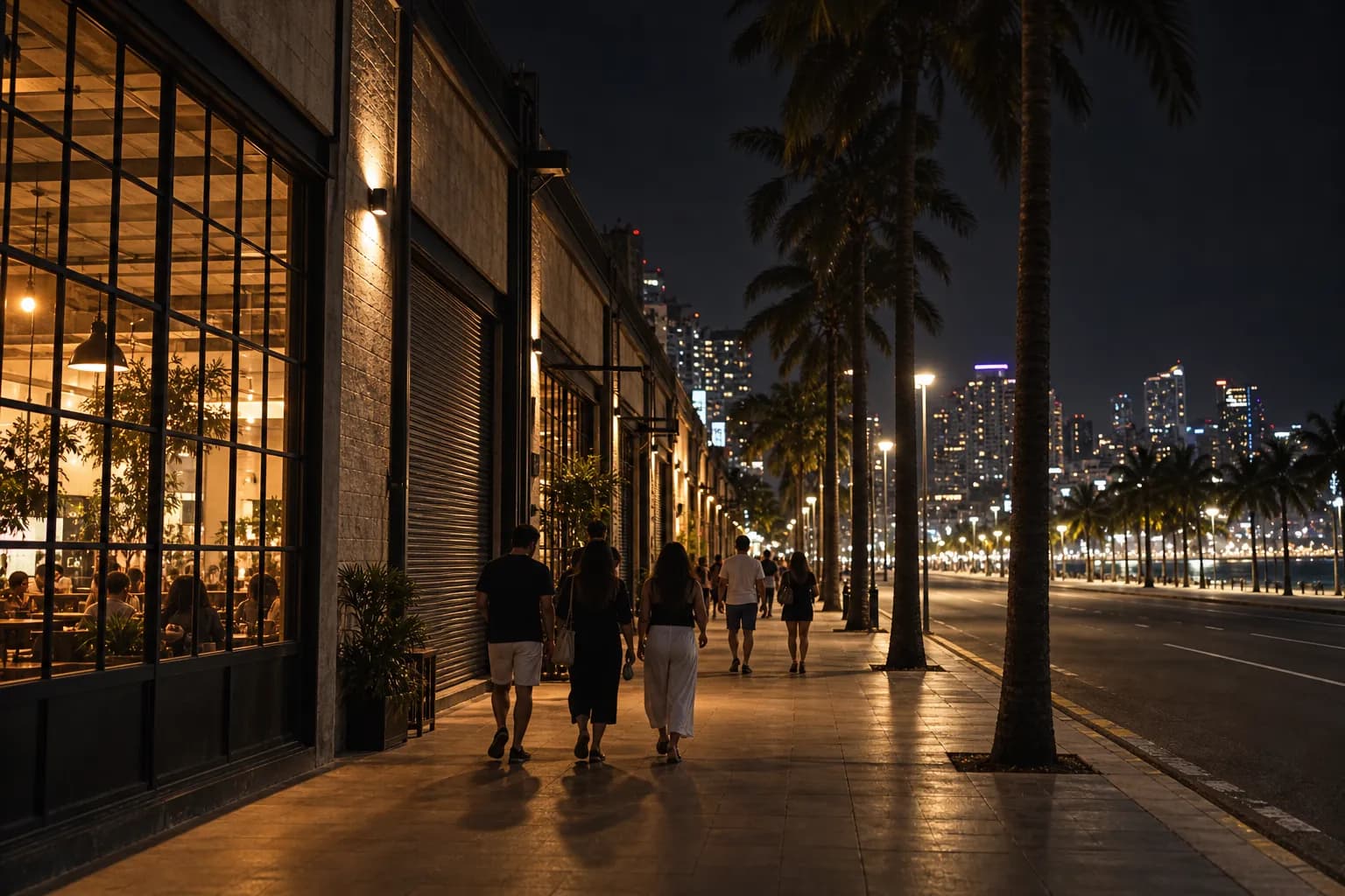 A warehouse-district street at night with one long frontage glowing warm through steel-framed windows and figures walking away from camera