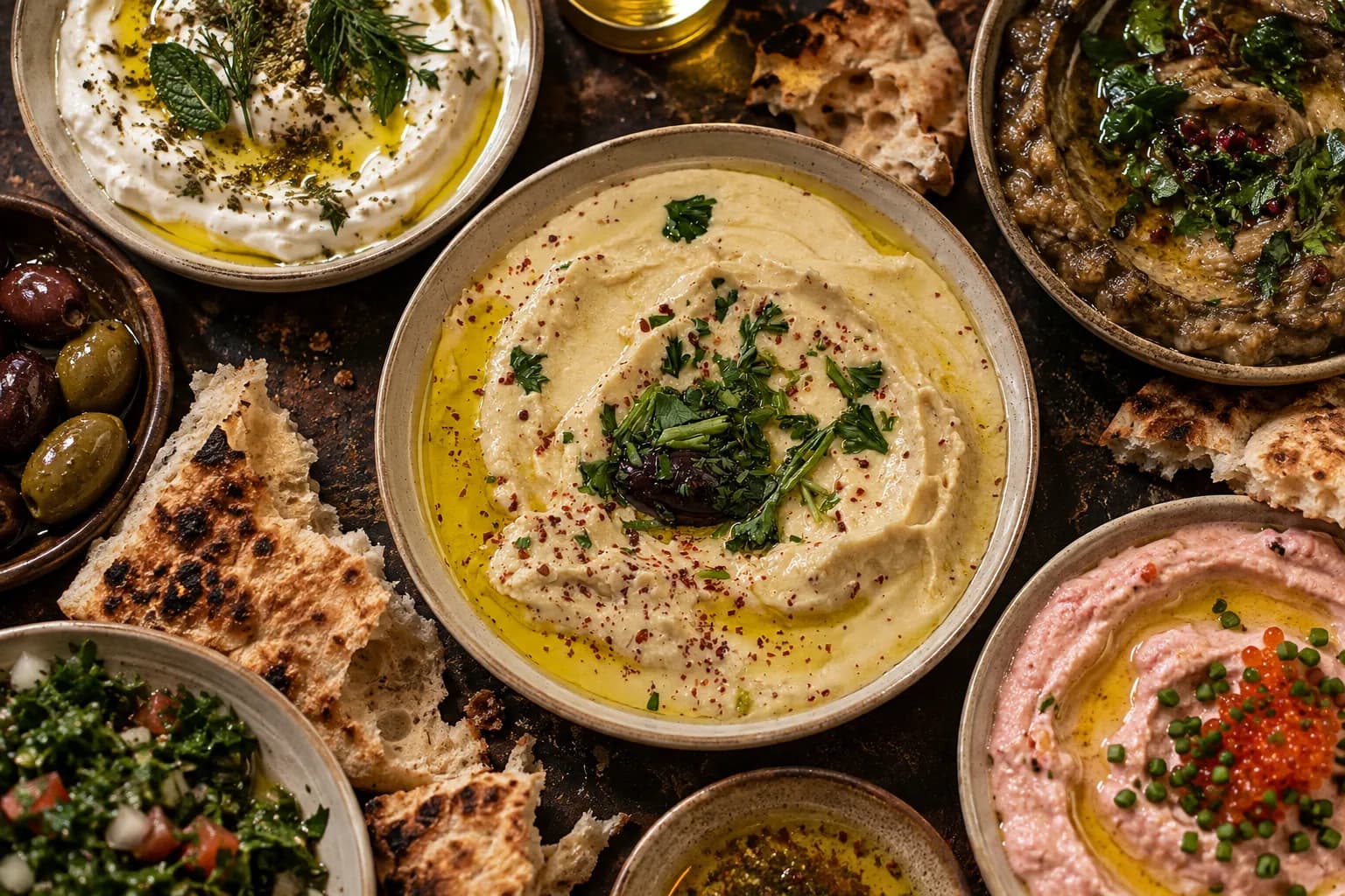 A crowded tabletop of many small shallow dishes of dips pooled with olive oil, torn flatbread between them, shot from overhead