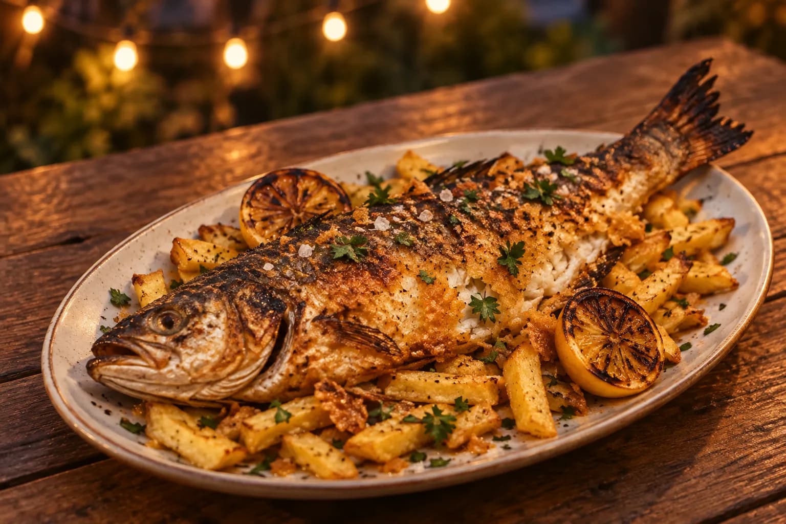 A whole roasted fish on an oval platter with blistered blackened skin, herbs and charred lemon halves on a wooden table outdoors at dusk