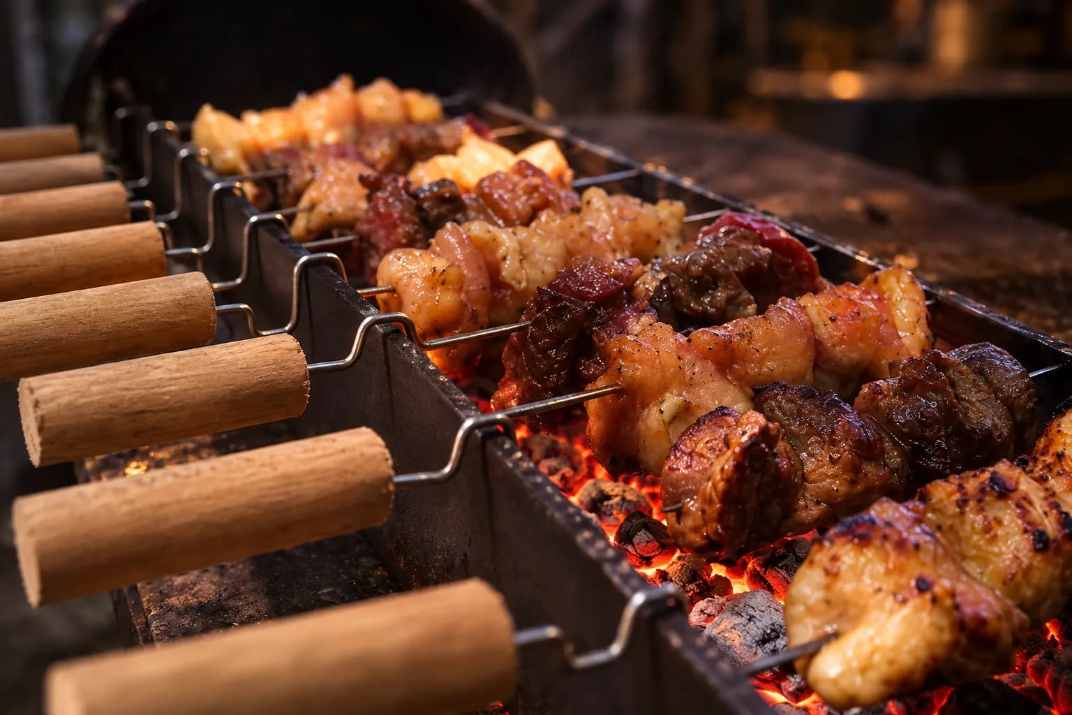 Skewers laid across a narrow charcoal grill trough over glowing white-hot coals with almost no flame or smoke, dark kitchen behind