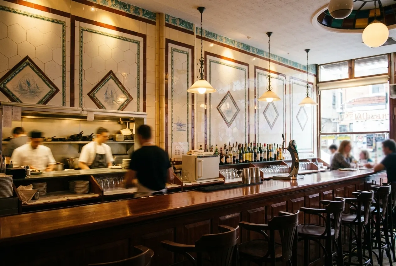 Restaurant bar counter in New York during early evening service with warm lighting