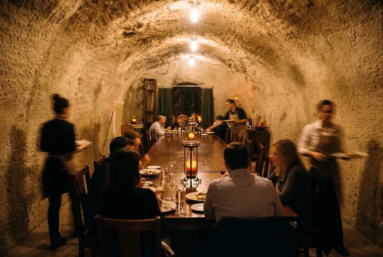 New York restaurant dining room during late evening service with available tables