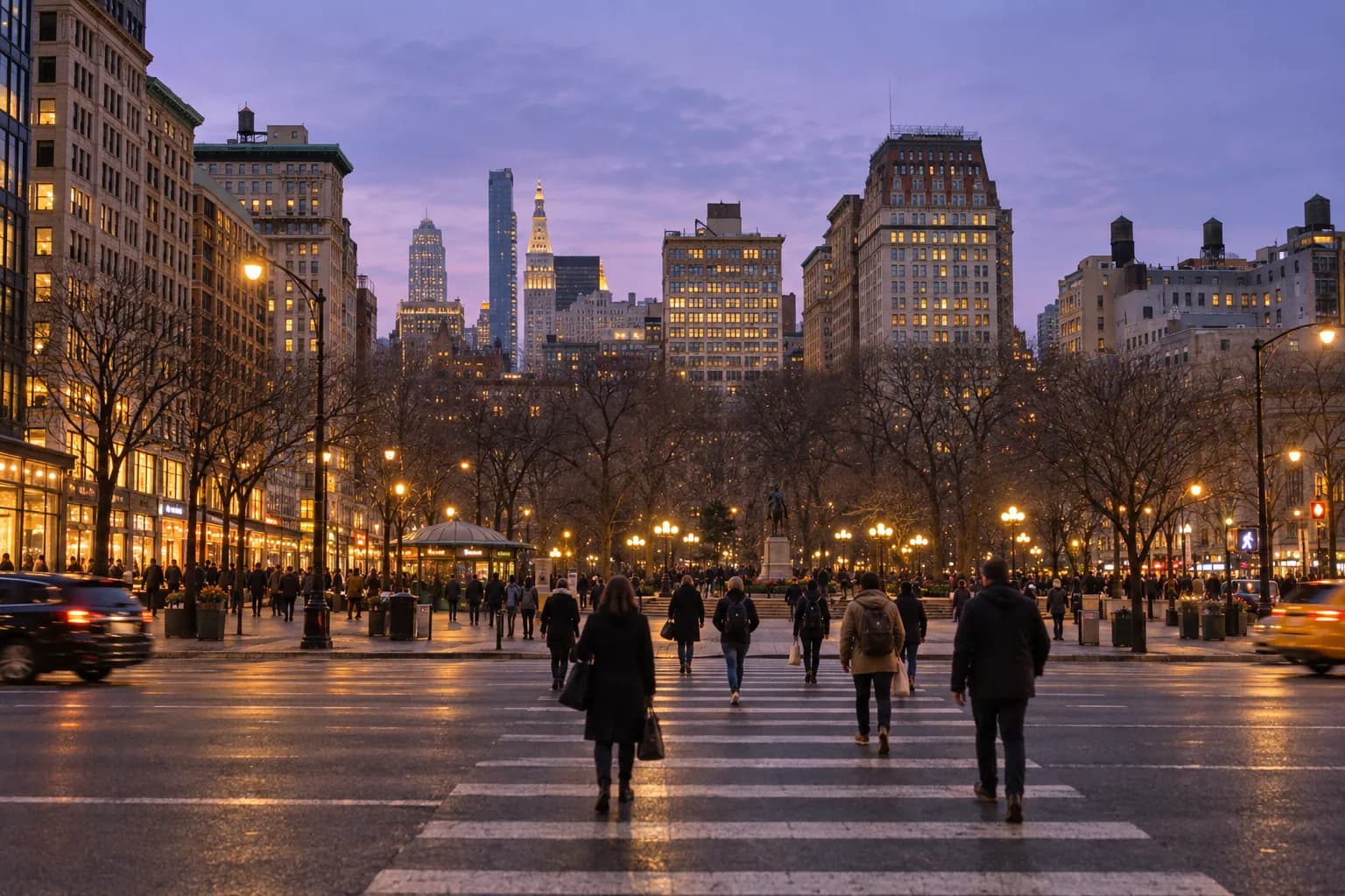 A wide Manhattan avenue in early evening, lit ground-floor frontages along one side and pre-war buildings receding into a violet sky