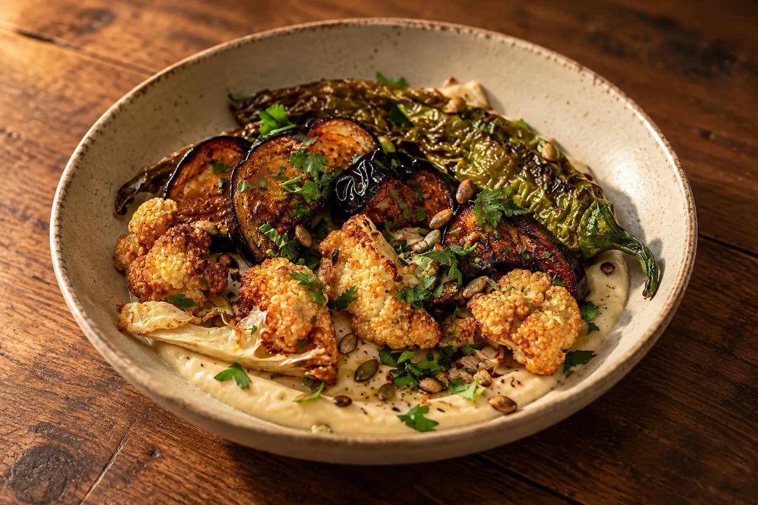 A shallow ceramic bowl of roasted autumn vegetables over a pale purée with toasted seeds and herbs scattered on top, on a bare wooden table