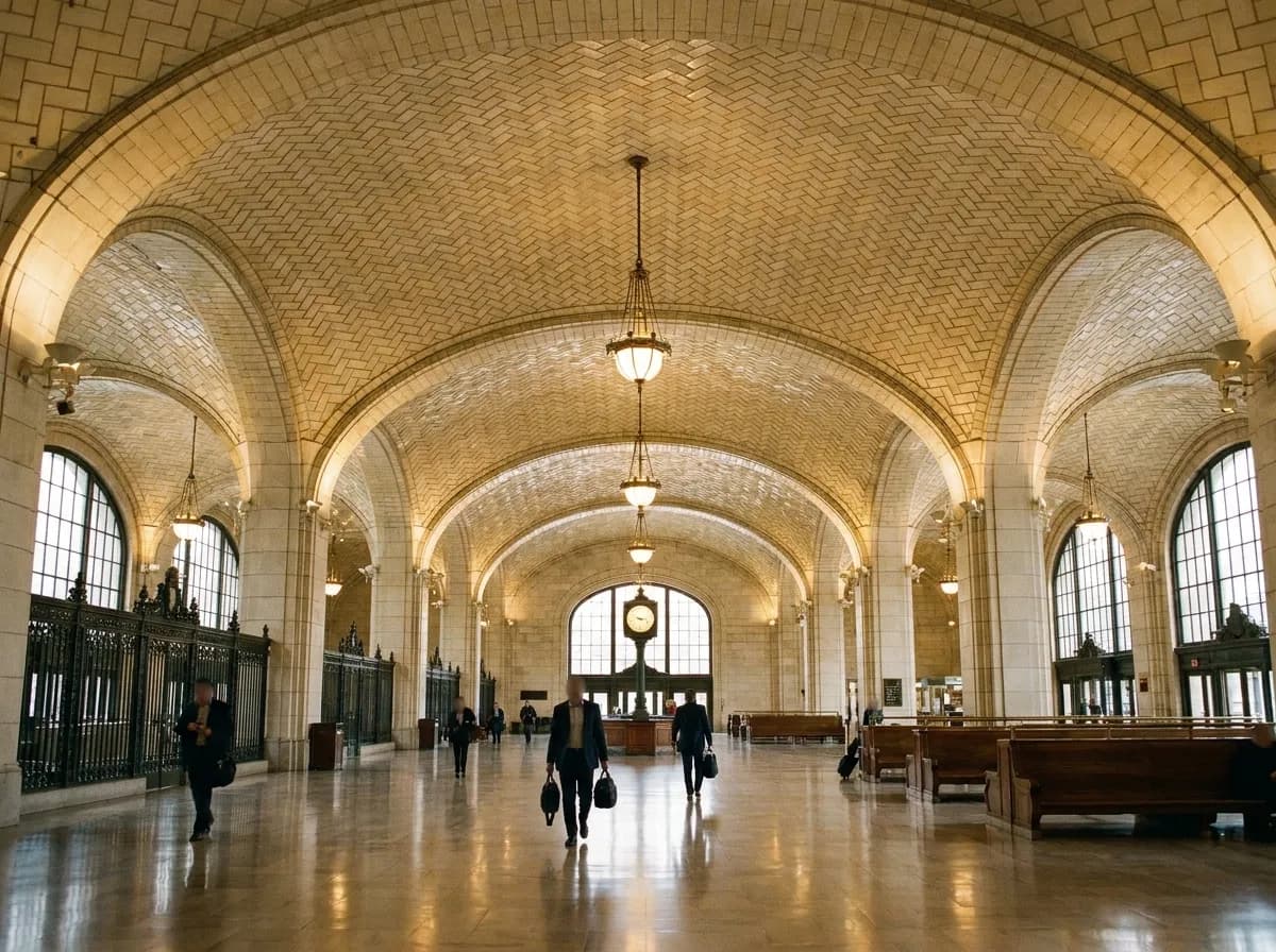 A grand vaulted tiled ceiling in a historic railway terminal with warm pendant lamps above a stone floor