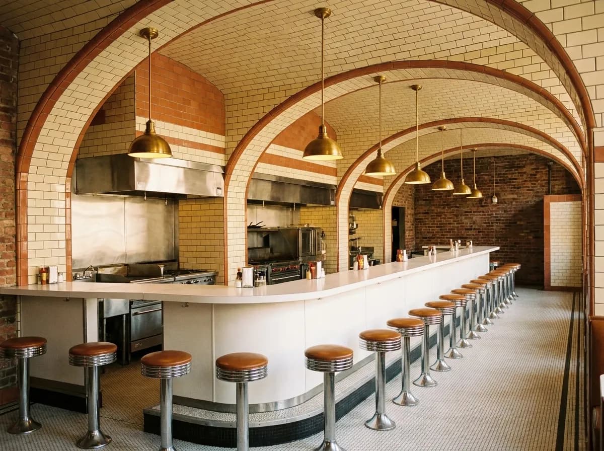 A vaulted tiled ceiling above a long restaurant counter with high stools and warm hanging lights