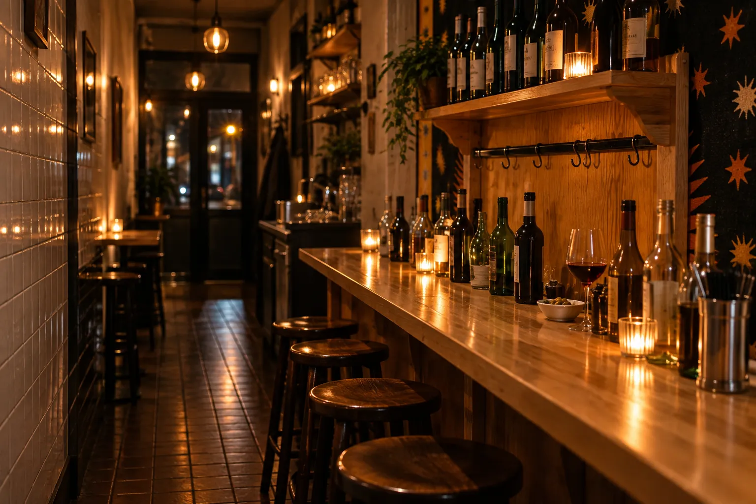 A narrow tiled restaurant interior at night with a counter and stools along one side, open bottles on it and a shelf of wine behind