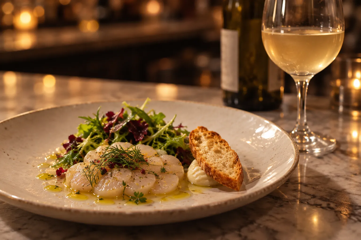 A small cold plate of thin raw slices dressed with oil and herbs beside a half-full glass of hazy pale wine on a marble counter
