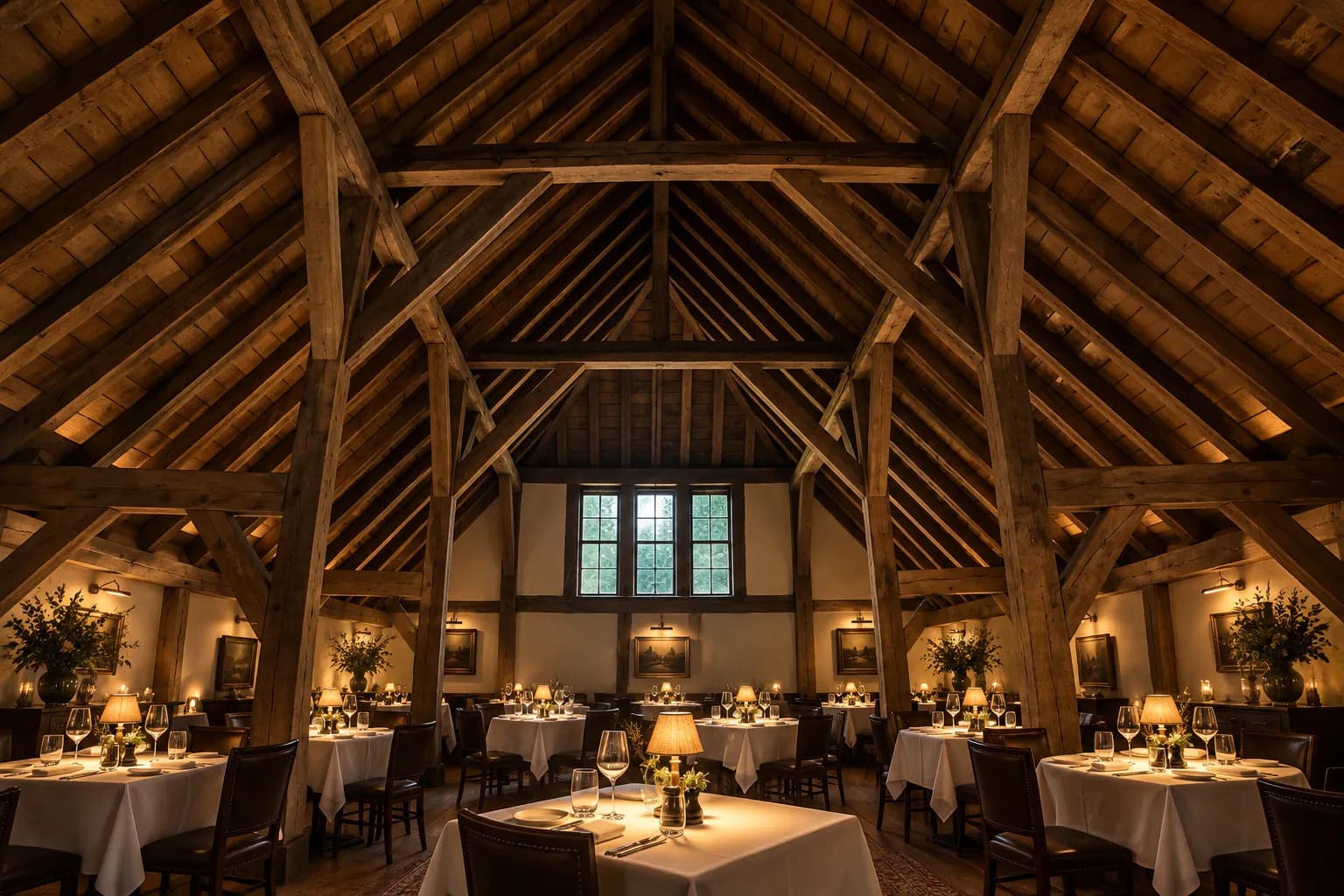 A small formal dining room of linen-laid tables under a high timber-trussed vault, warm lamps pooling light and deep shadow in the roof