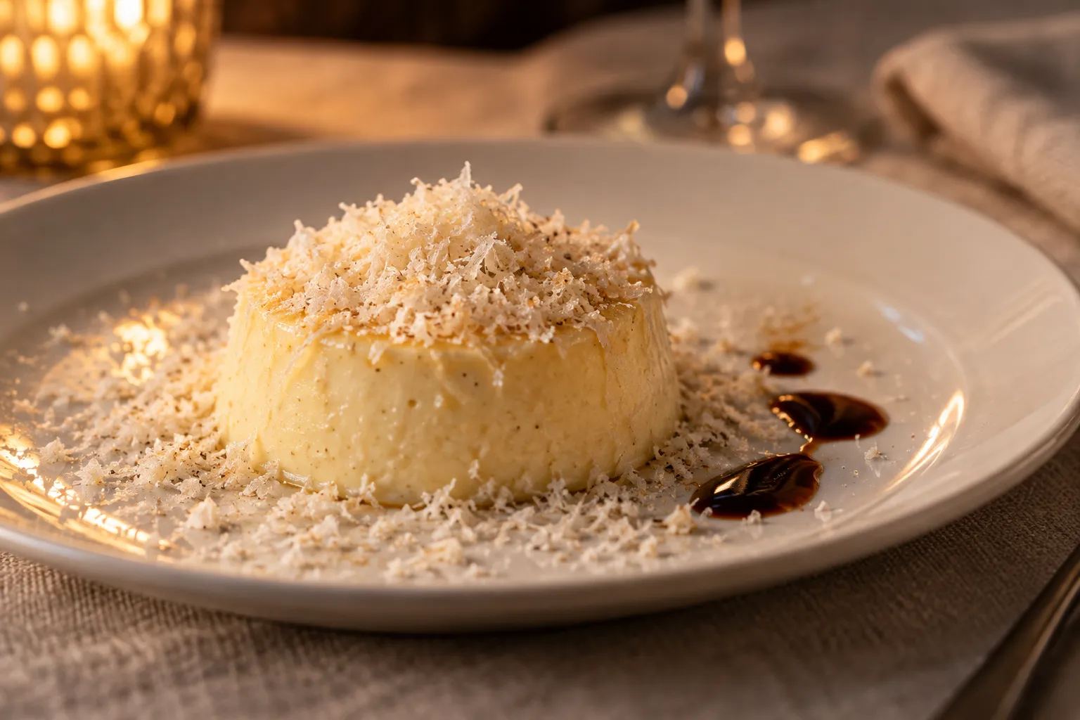 A small pale savoury custard on a fine white plate under a shower of finely grated aged cheese, with drops of dark reduction on linen