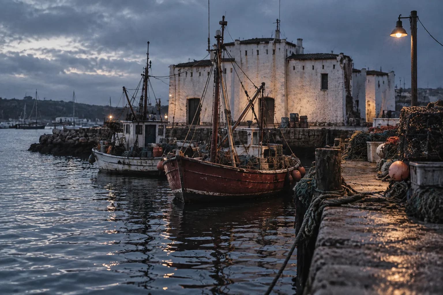 A working dock at dusk with two small commercial fishing boats moored close together, crates and floats stacked on the quay under one lamp