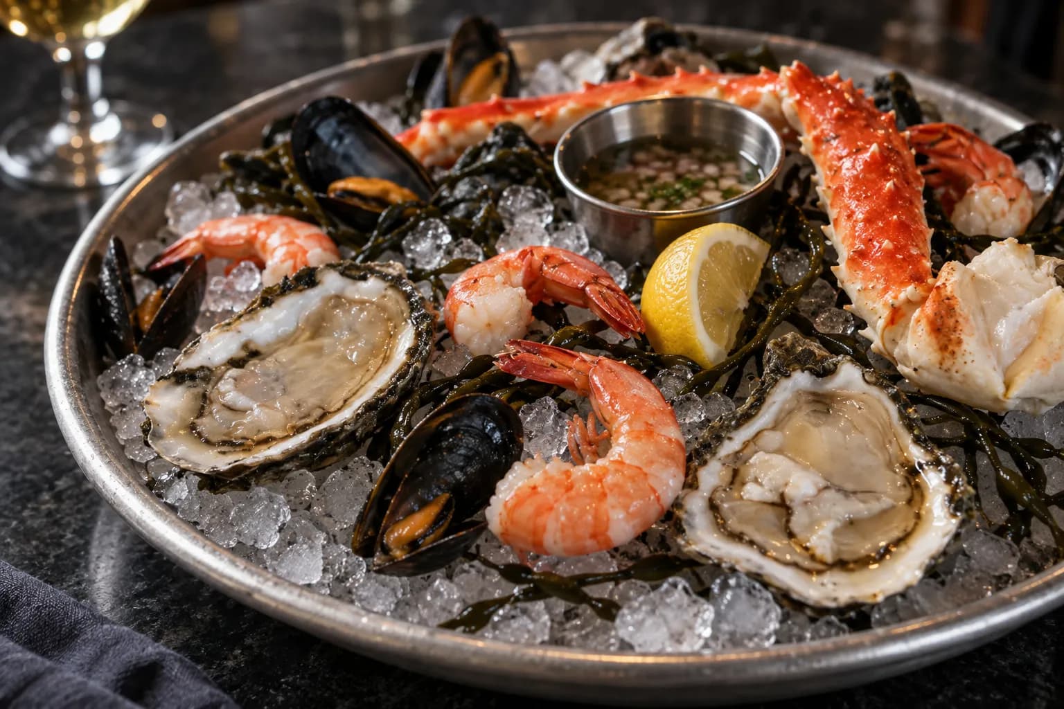 A steel tray of opened shellfish on crushed ice with dark seaweed tucked between them, a pot of dressing and a lemon wedge on a dark bar
