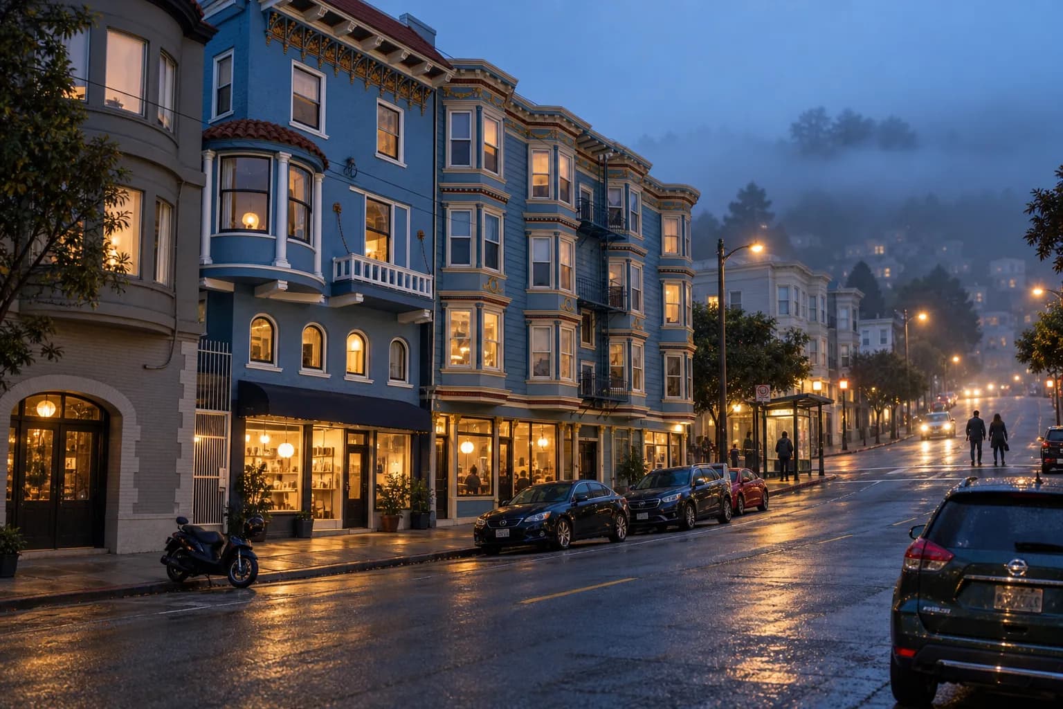 A sloping San Francisco commercial street in last light with Victorian facades above lit shopfronts and fog coming over the hill beyond