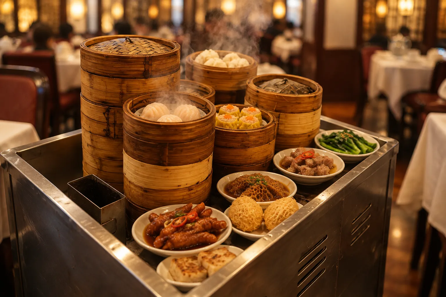 A small steel service cart loaded with a dozen little plates, steam rising from two, paused between restaurant tables in a warm blurred room