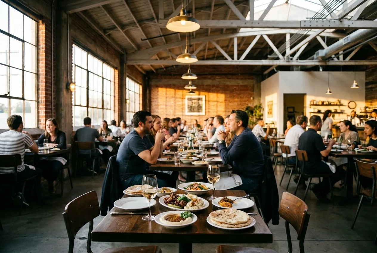 Interior of a warehouse-style restaurant in Los Angeles with exposed brick walls and warm lighting during dinner service.