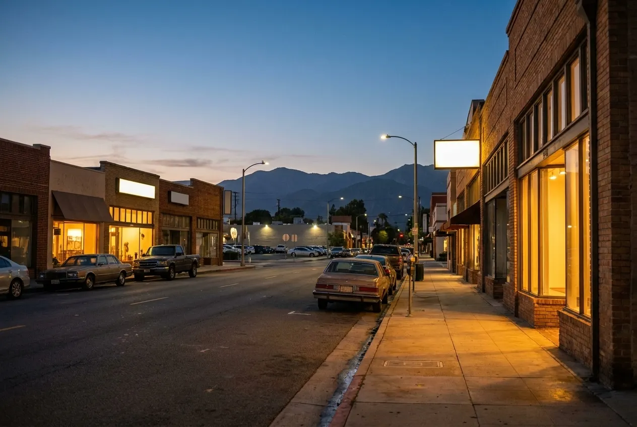 Main Street in Alhambra at dusk with commercial buildings and parking areas visible under evening light.