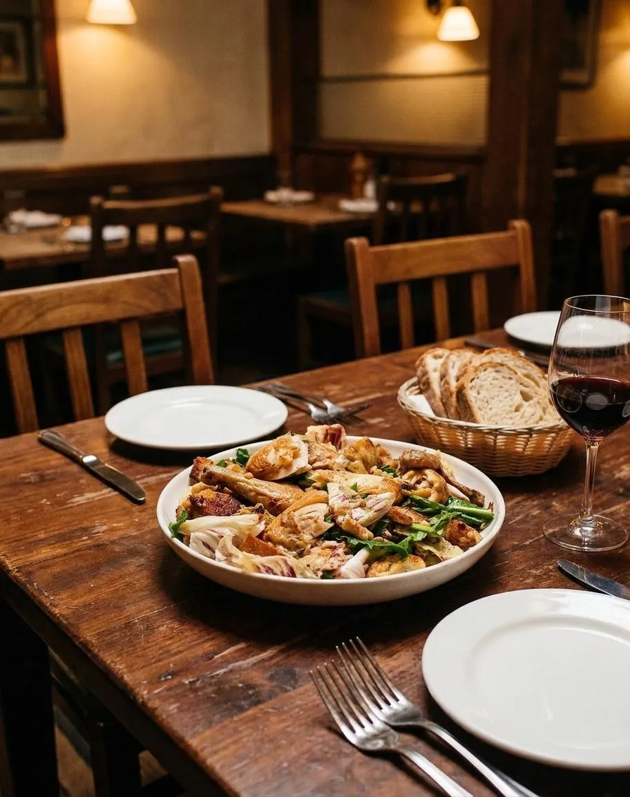 Roast chicken dinner with bread and greens on a San Francisco table