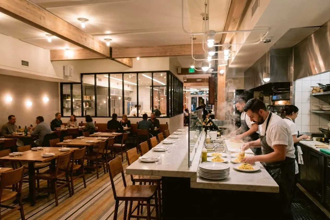 Bustling Mission District pasta counter with plated dishes