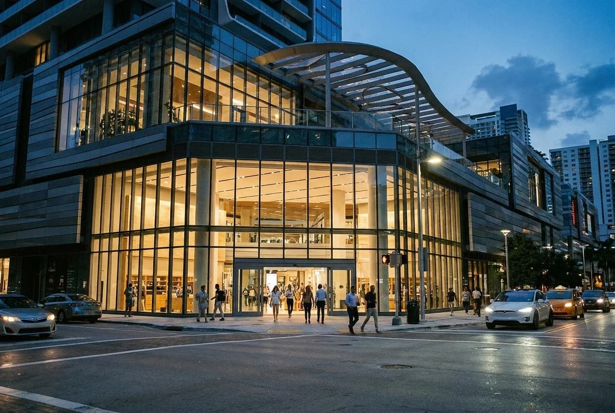 Brickell City Centre modern glass facade with evening pedestrians at the main entrance plaza